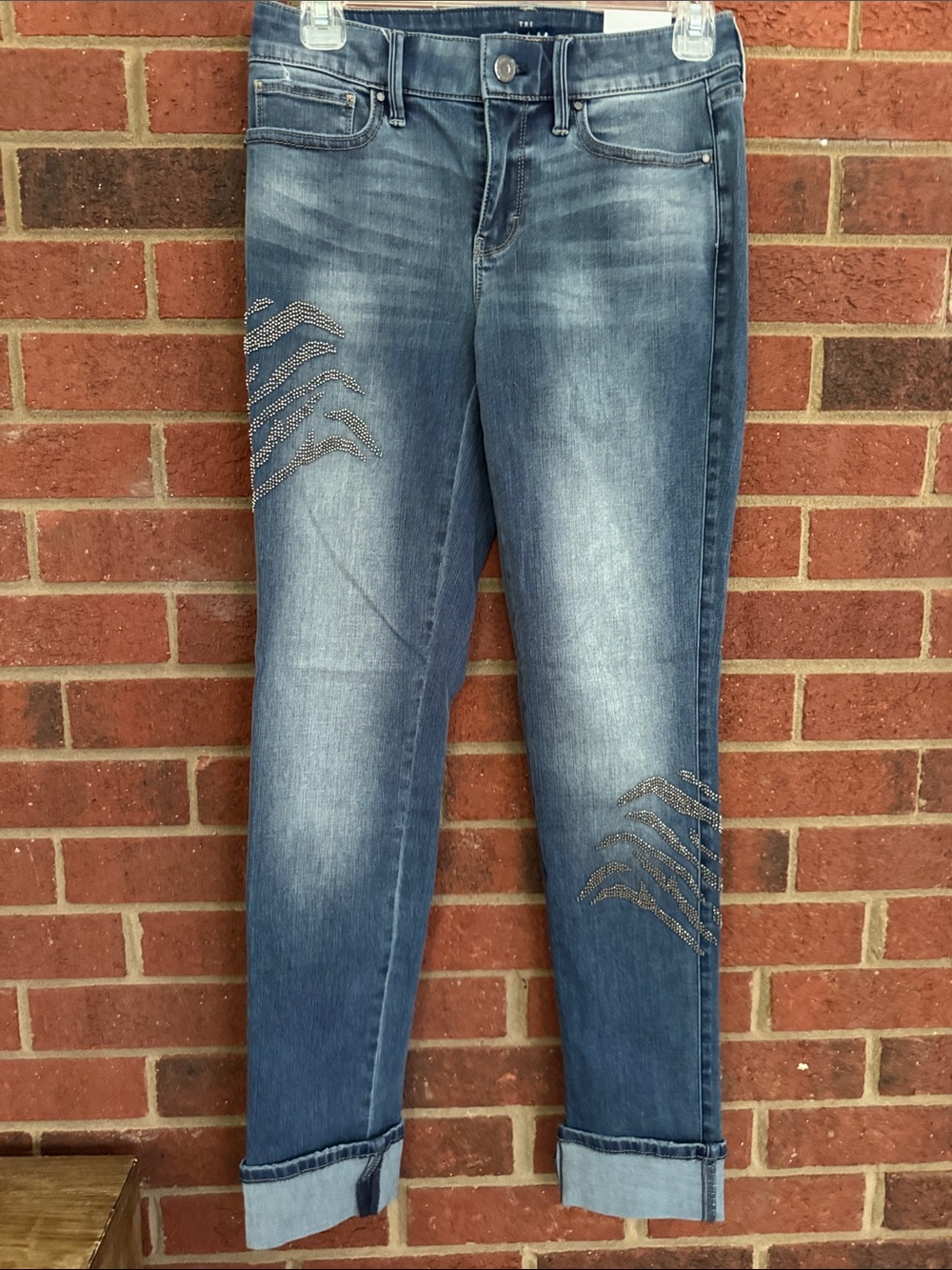 White House Black Market Zebra Like Embellished Medium Wash Slim Jeans